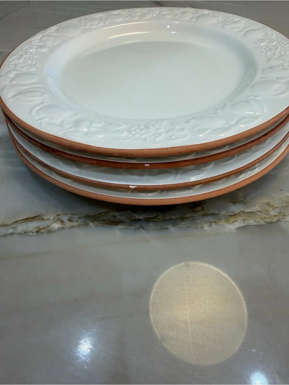 Pier 1 Italian pottery Terra Cotta Edge & embossed Fruit Design 4 Dinner 3 Salad